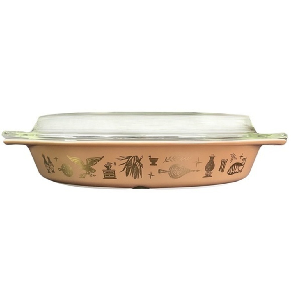 Vintage Pyrex 1.5 Qt Early American Brown with Gold Divided Casserole Dish Lid